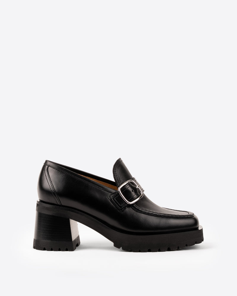 Black leather loafer with a buckle on a white background