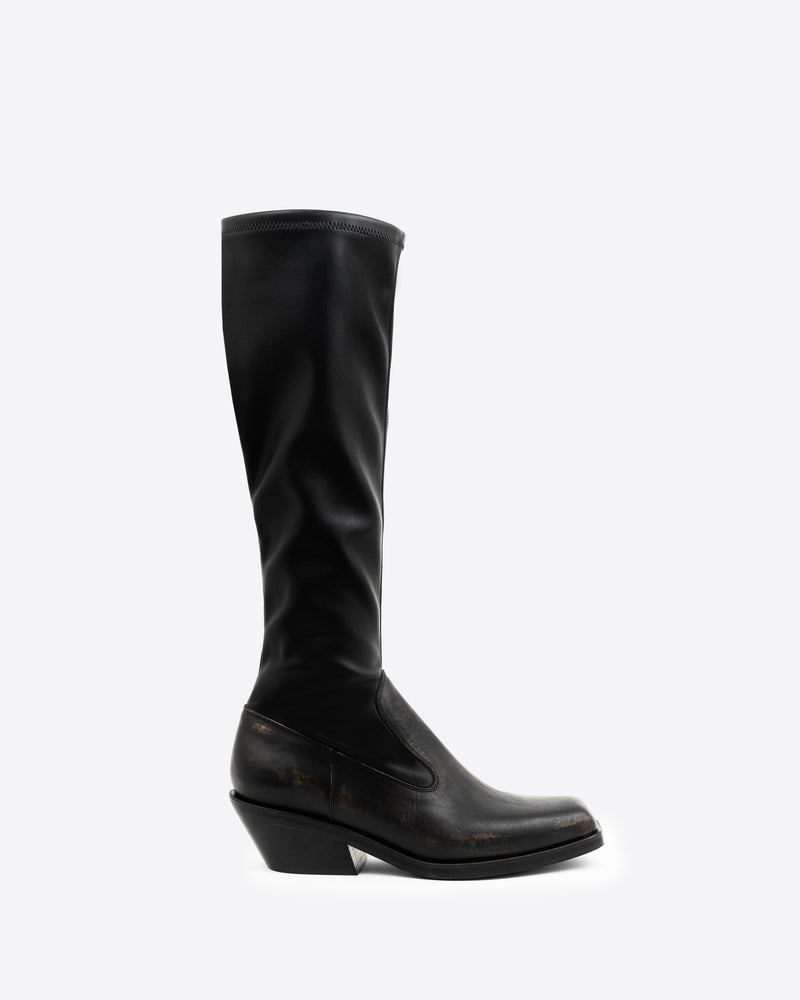 Black knee-high boot with a stretchy shaft on a white background