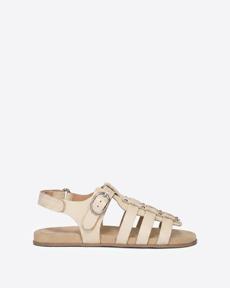Beige sandal with a buckle on a white background