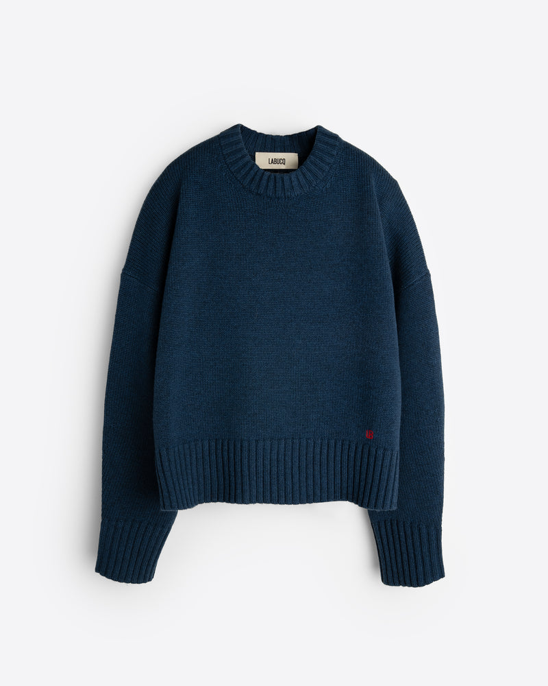 Labucq Solid Crew in indigo, front flat lay