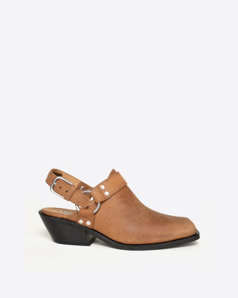 Labucq Stoner Mule Tan, side view, on a white background