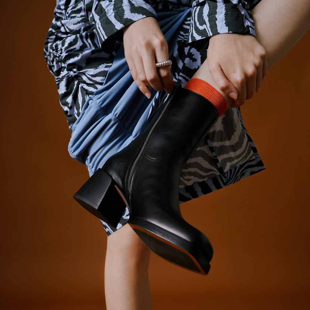 Joan - Black Emboss, Asymmetrical ankle boot