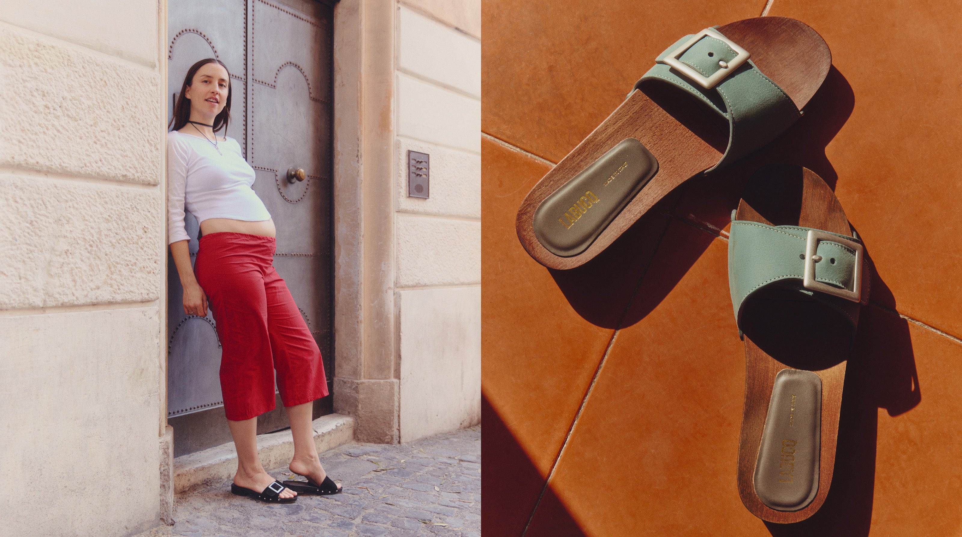 Woman in Rome beside Hester Clogs